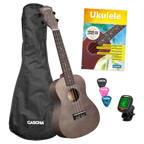 Konzert Ukulele Linde Black Set Konzert Ukulele mit Aquila Saiten + Schule + Stimmgerät + gepolsterte Tasche + 3 Plektren