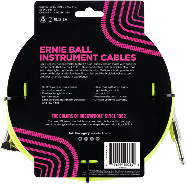 ERNIE BALL Instrumentenkabel, Gewebe, gerade/gewinkelt, gelb, 3m